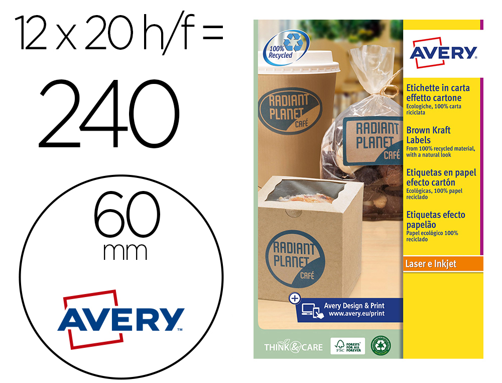 ETIQUETA ADHESIVA AVERY KRAFT EFECTO CARTON REDONDA 60 MM REMOVIBLE PARA LASER INK-JET CAJA DE 300 UNIDADES