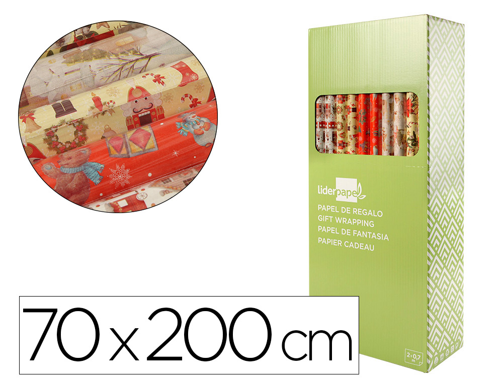 PAPEL DE REGALO LIDERPAPEL NAVIDAD ROLLO ANCHO 70 CM LONGITUD 2 MT GRAMAJE 60 GR DISEÑOS SURTIDOS