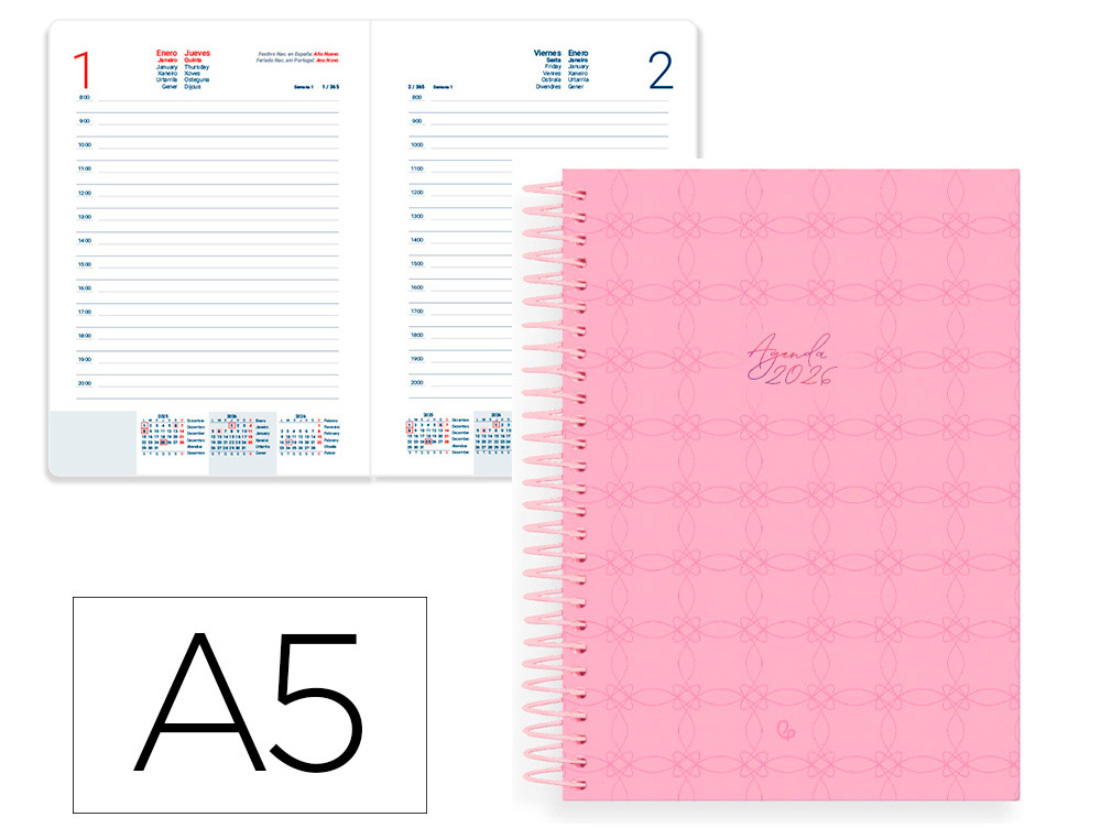 AGENDA ESPIRAL LIDERPAPEL PERISSA A5 2026 DIA PAGINA ROSA PAPEL 80 GR FSC