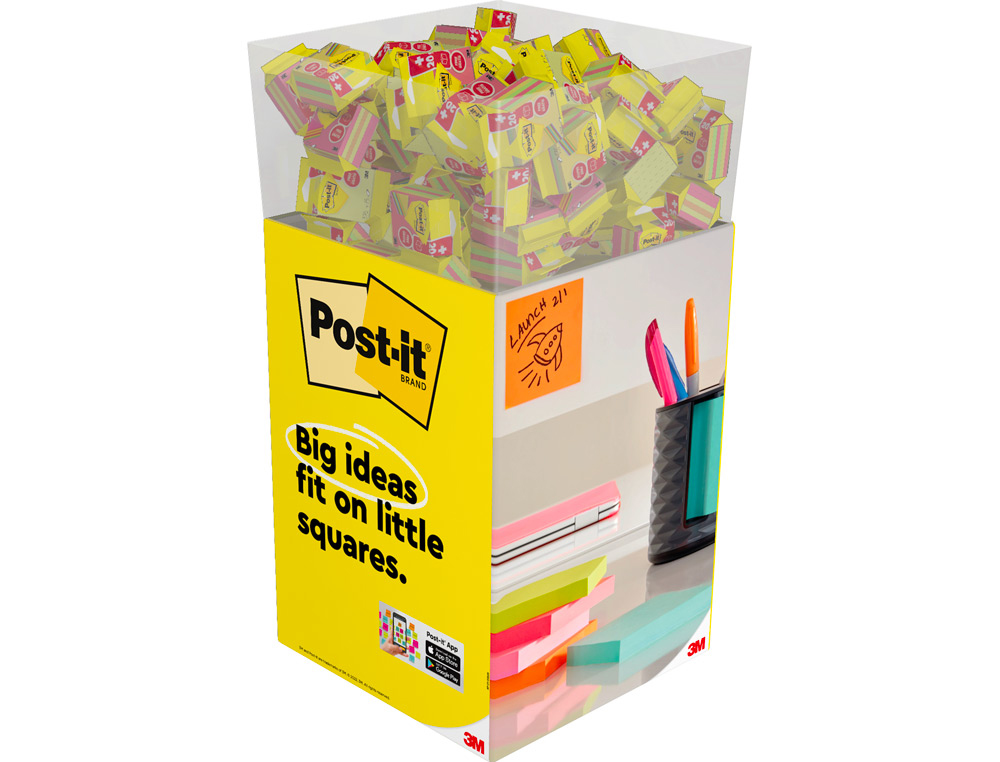 BLOC DE NOTAS ADHESIVAS QUITA Y PON POST-IT CUBO 76X76 MM EXPOSITOR SUELO DE 96 UNIDADES SURTIDAS 400X400X900 MM