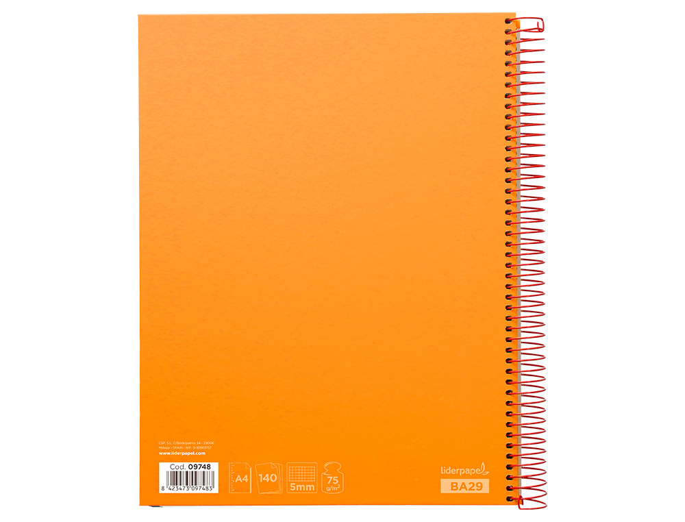 CUADERNO ESPIRAL LIDERPAPEL A4 MICRO JOLLY TAPA FORRADA 140H 75GR CUADRO 5MM 5 BANDAS 4 TALADROS COLOR NARANJA