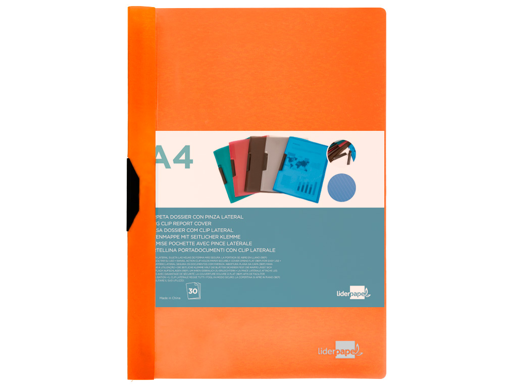 CARPETA LIDERPAPEL DOSSIER PINZA LATERAL POLIPROPILENO DIN A4 NARANJA FLUOR OPACO 30 HOJAS PINZA DESLIZANTE