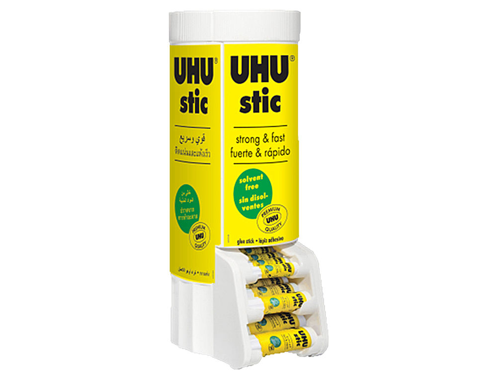 PEGAMENTO UHU BARRA EXPOSITOR SOBREMESA MULTIFORMATO 8-21-40 GR 530X190X210 MM + 12 UDS SIN CARGO 21 GR