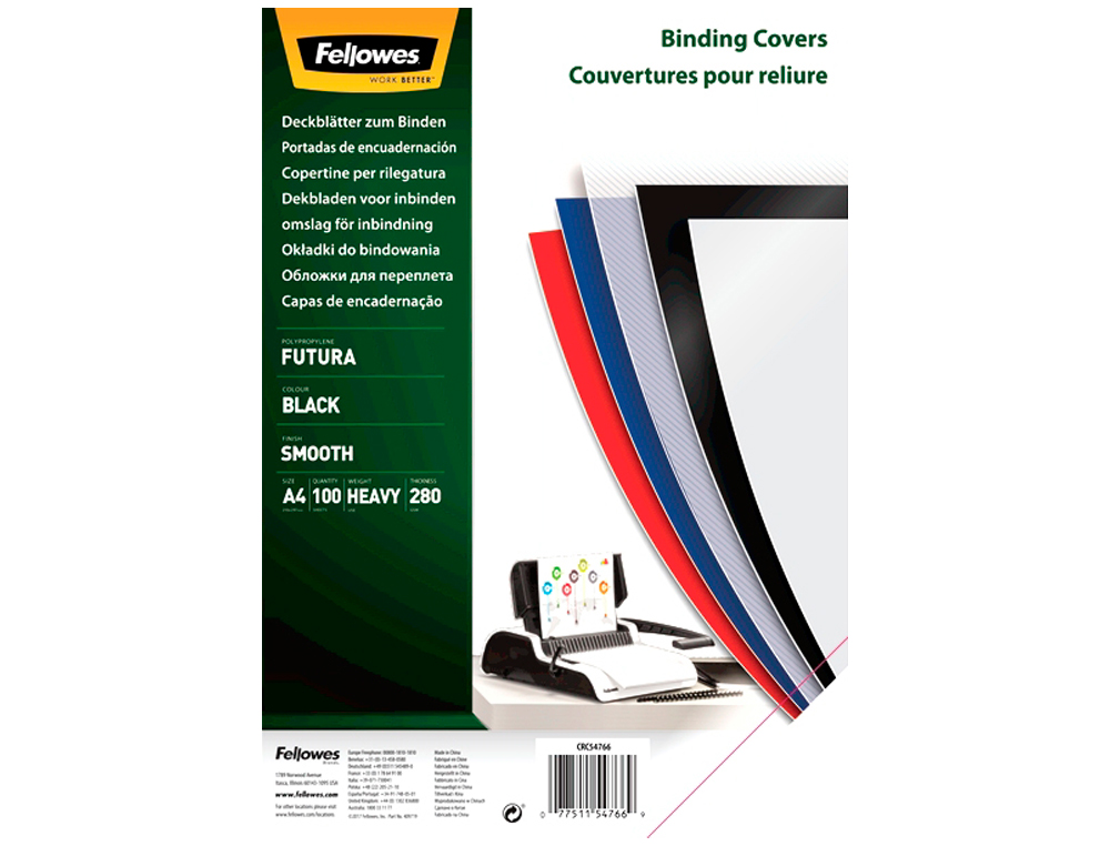 TAPA DE ENCUADERNACION FELLOWES DIN A4 POLIPROPILENO NEGRO 280 MICRAS PACK DE 100 UNIDADES