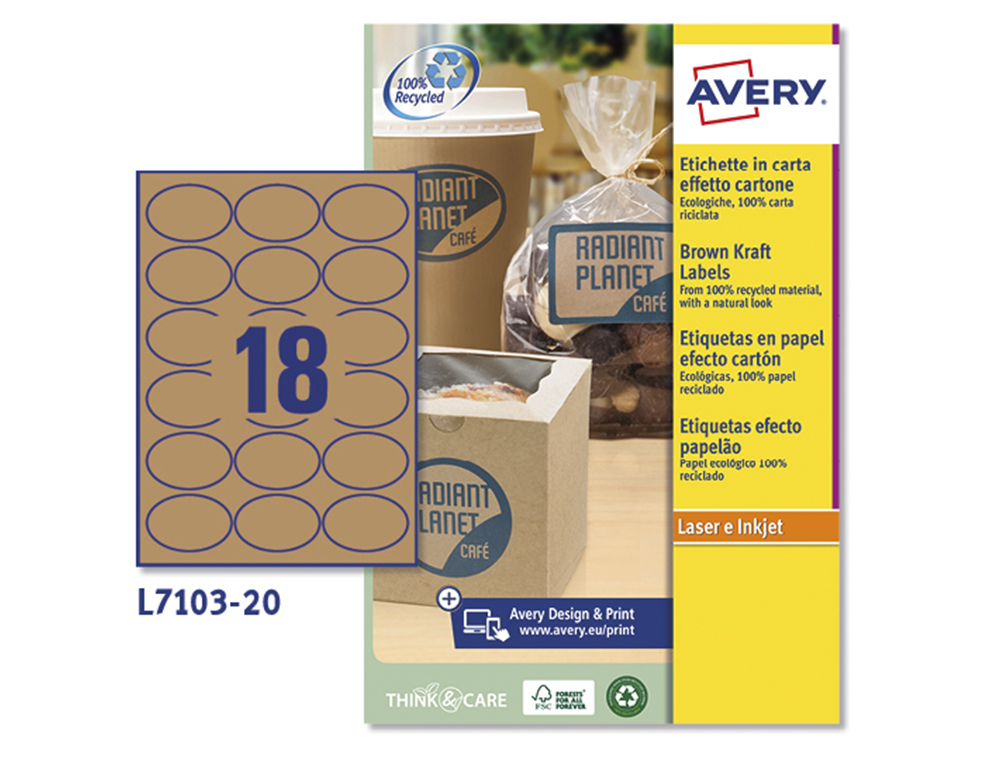 ETIQUETA ADHESIVA AVERY KRAFT EFECTO CARTON OVALADA 63,5X42,3 MM REMOVIBLE LASER INK-JET CAJA DE 320 UNIDADES