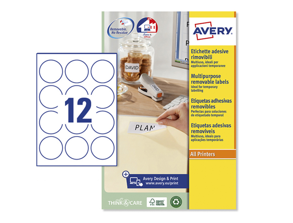 ETIQUETA ADHESIVA AVERY BLANCA REDONDA REMOVIBLE PARA LASER INK-JET FOTOCOPIADORA 60 MM CAJA DE 240 UNIDADES