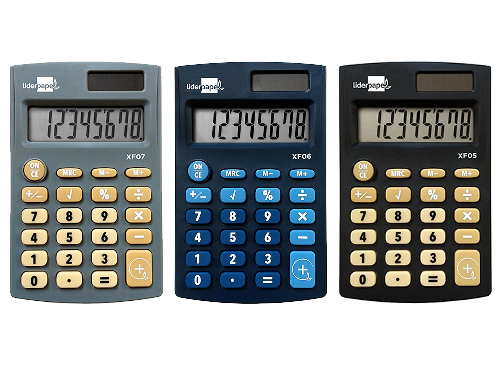 CALCULADORA LIDERPAPEL EXPOSITOR 16 UNIDADES COLORES BOLSILLO XF08 8 DIGITOS SOLAR Y PILAS 98X62X8 MM