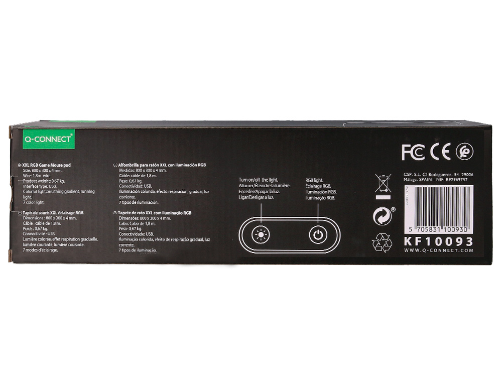 ALFOMBRILLA PARA RATON Q-CONNECT XXL ILUMINACION LED CONEXION USB COLOR NEGRO 800X300X4 MM