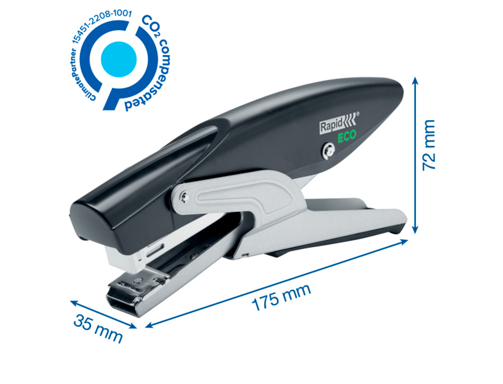 GRAPADORA RAPID DE TENAZA ECO PLASTICO RECICLADO 100% CAPACIDAD DE GRAPADO 20 HOJAS USA GRAPAS 24/6 Y 26/6 COLOR