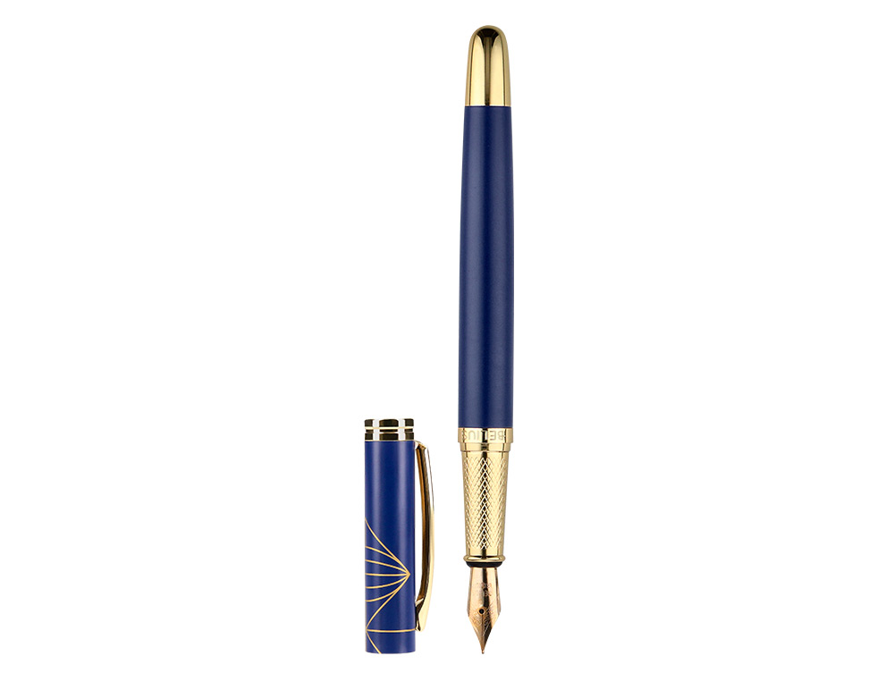 PLUMA BELIUS SOIREE ALUMINIO COLOR ART DECO AZUL MARINO Y DORADO TINTA AZUL CAJA DE DISEÑO