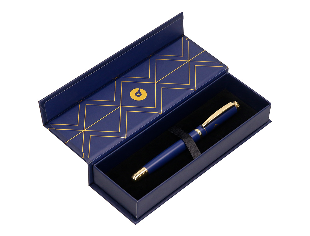PLUMA BELIUS SOIREE ALUMINIO COLOR ART DECO AZUL MARINO Y DORADO TINTA AZUL CAJA DE DISEÑO