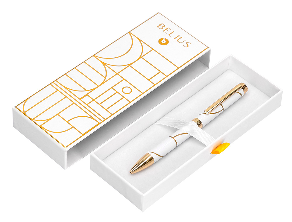 ROLLER BELIUS CARTE BLANCHE COLOR BLANCO Y DORADO TINTA NEGRA CAJA DE DISEÑO