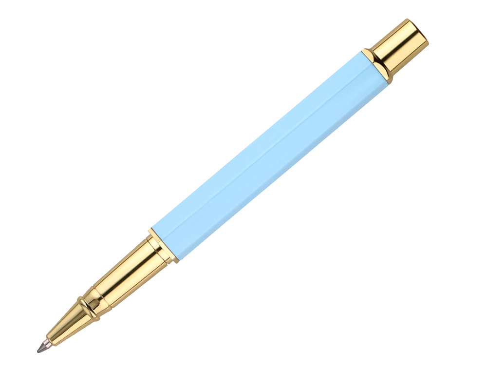 BOLIGRAFO BELIUS MACARON BLISS FORMA HEXAGONAL COLOR CELESTE Y DORADO TINTA AZUL CAJA DE DISEÑO