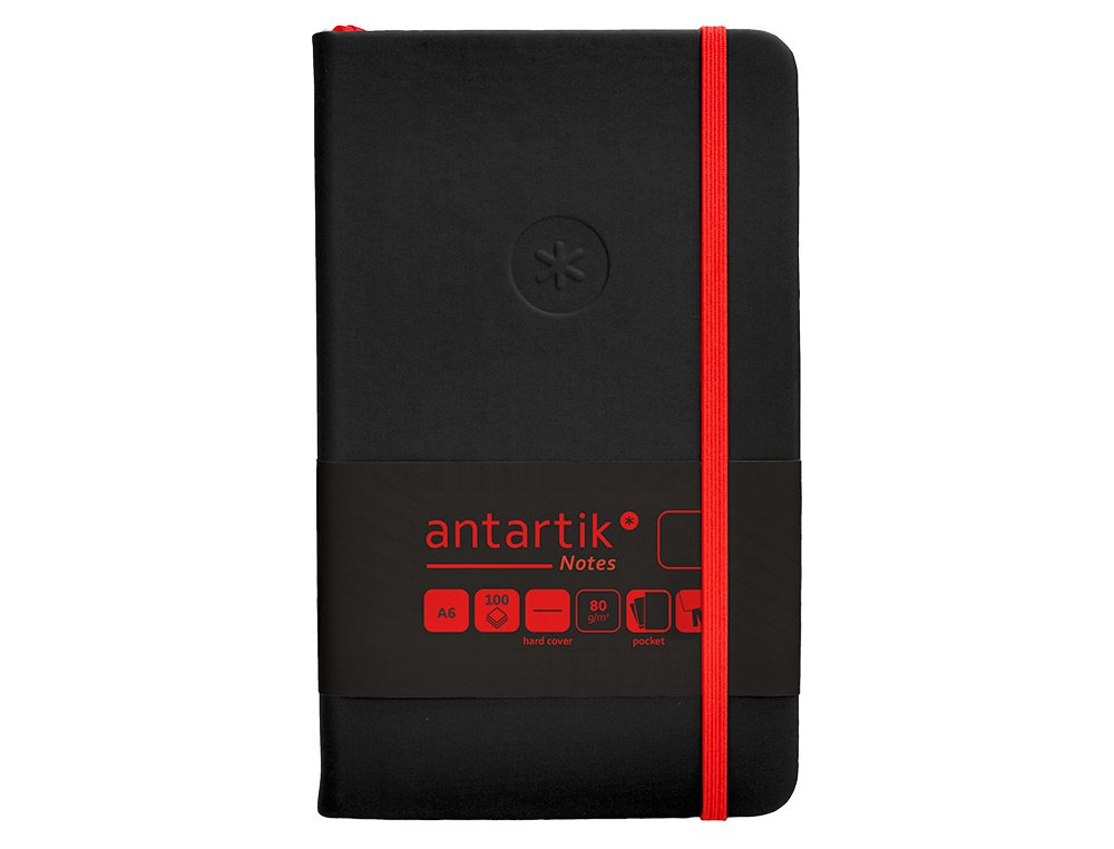 CUADERNO CON GOMILLA ANTARTIK NOTES TAPA DURA A6 HOJAS LISAS NEGRO Y ROJO 100 HOJAS 80 GR FSC