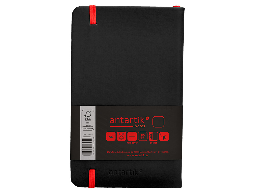 CUADERNO CON GOMILLA ANTARTIK NOTES TAPA DURA A6 HOJAS LISAS NEGRO Y ROJO 100 HOJAS 80 GR FSC