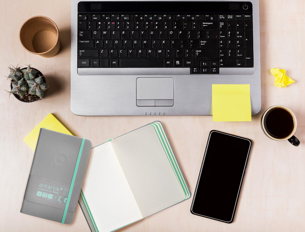 CUADERNO CON GOMILLA ANTARTIK NOTES TAPA DURA A6 HOJAS CUADRICULA GRIS Y TURQUESA 100 HOJAS 80 GR FSC