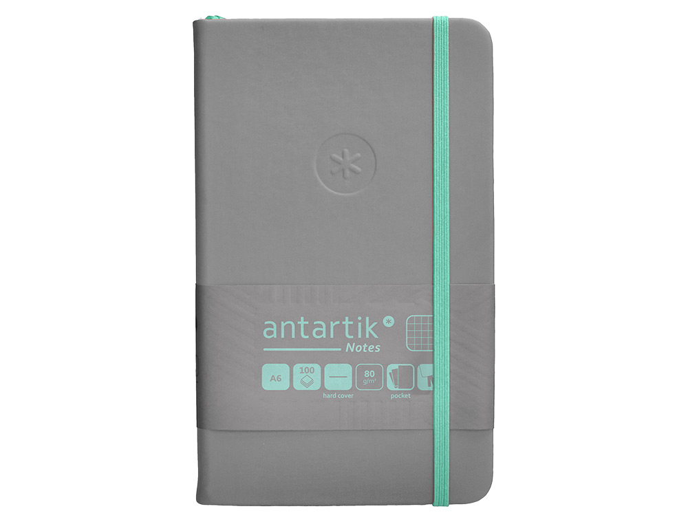 CUADERNO CON GOMILLA ANTARTIK NOTES TAPA DURA A6 HOJAS CUADRICULA GRIS Y TURQUESA 100 HOJAS 80 GR FSC