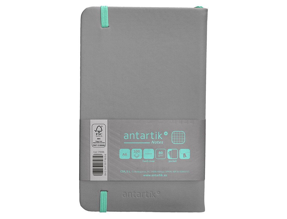 CUADERNO CON GOMILLA ANTARTIK NOTES TAPA DURA A6 HOJAS CUADRICULA GRIS Y TURQUESA 100 HOJAS 80 GR FSC