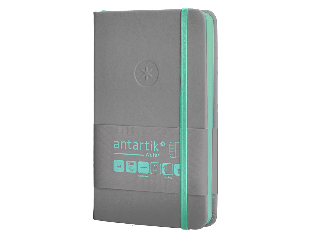 CUADERNO CON GOMILLA ANTARTIK NOTES TAPA DURA A6 HOJAS CUADRICULA GRIS Y TURQUESA 100 HOJAS 80 GR FSC