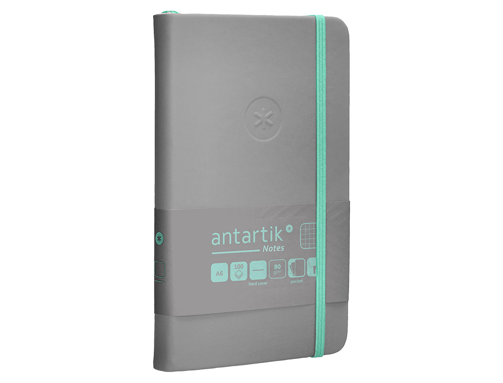 CUADERNO CON GOMILLA ANTARTIK NOTES TAPA DURA A6 HOJAS CUADRICULA GRIS Y TURQUESA 100 HOJAS 80 GR FSC