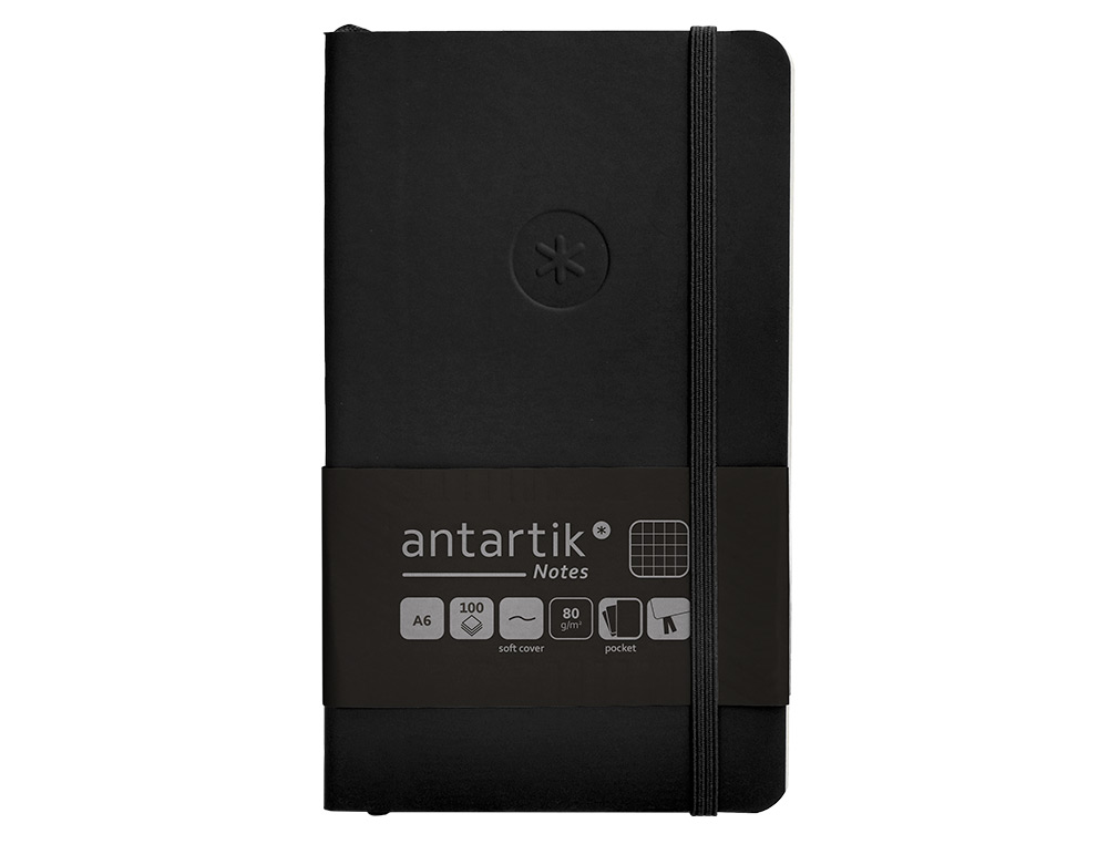 CUADERNO CON GOMILLA ANTARTIK NOTES TAPA BLANDA A6 CUADRICULA NEGRO 100 HOJAS 80 GR FSC