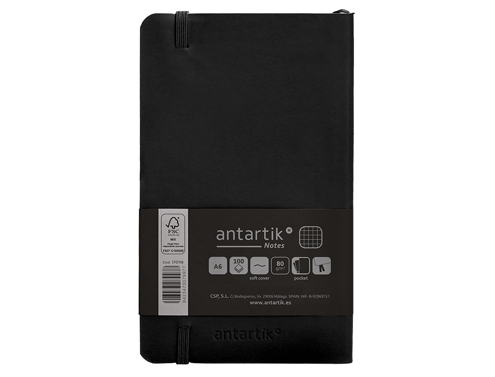 CUADERNO CON GOMILLA ANTARTIK NOTES TAPA BLANDA A6 CUADRICULA NEGRO 100 HOJAS 80 GR FSC