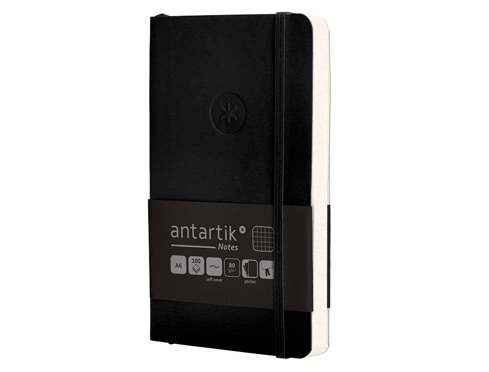 CUADERNO CON GOMILLA ANTARTIK NOTES TAPA BLANDA A6 CUADRICULA NEGRO 100 HOJAS 80 GR FSC
