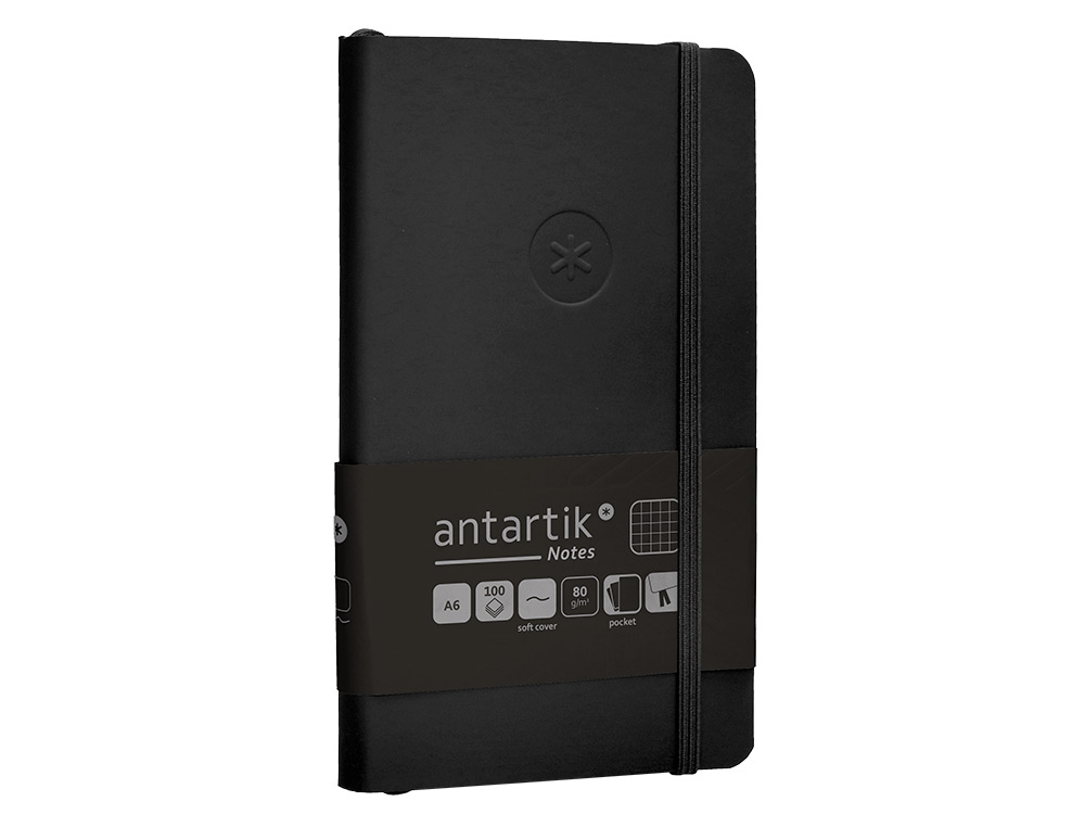 CUADERNO CON GOMILLA ANTARTIK NOTES TAPA BLANDA A6 CUADRICULA NEGRO 100 HOJAS 80 GR FSC