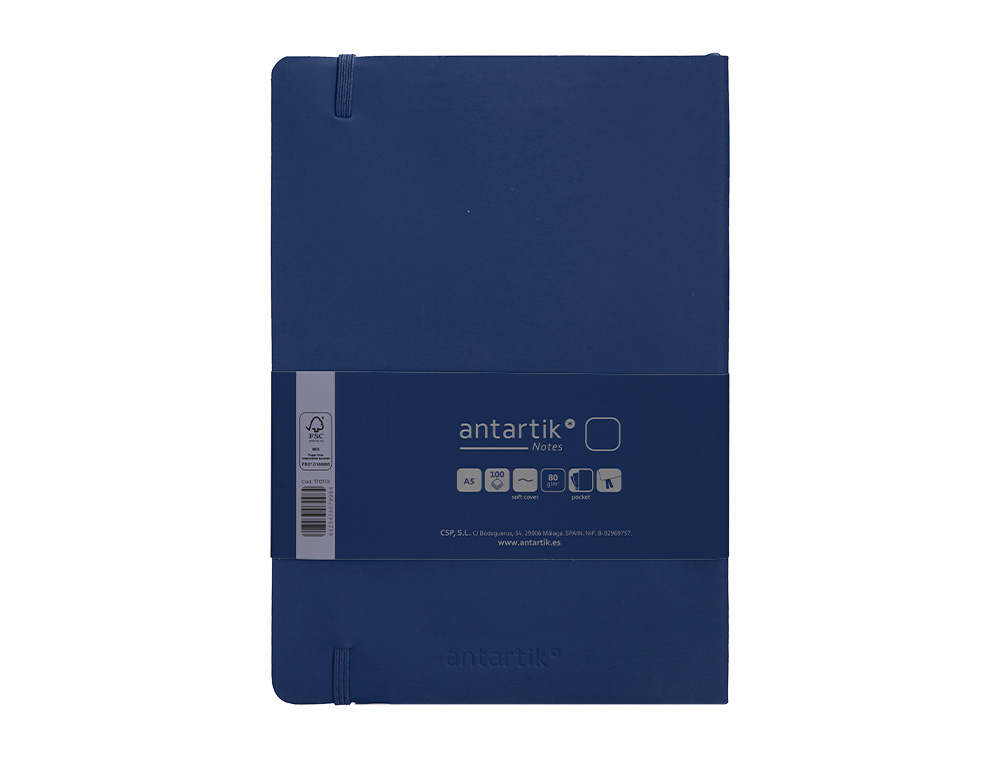 CUADERNO CON GOMILLA ANTARTIK NOTES TAPA BLANDA A5 HOJAS LISAS AZUL MARINO 80 HOJAS 80 GR FSC
