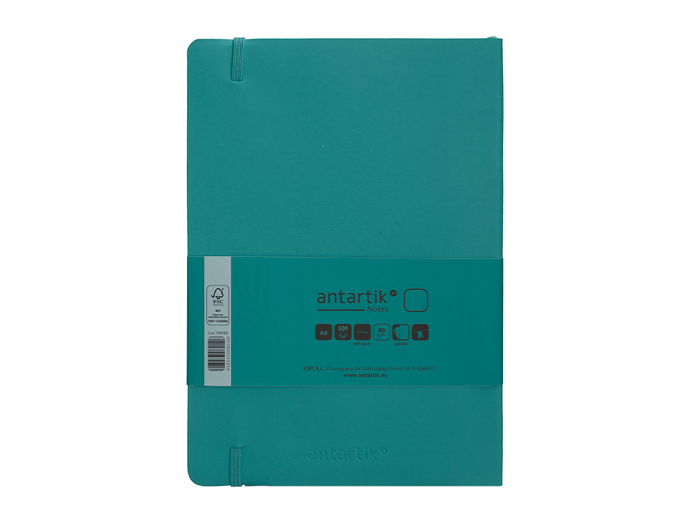 CUADERNO CON GOMILLA ANTARTIK NOTES TAPA BLANDA A5 HOJAS LISAS VERDE AGUAMARINA 80 HOJAS 80 GR FSC