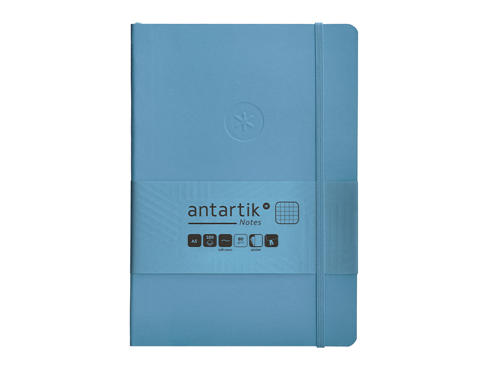 CUADERNO CON GOMILLA ANTARTIK NOTES TAPA BLANDA A5 HOJAS CUADRICULA AZUL CLARO 80 HOJAS 80 GR FSC