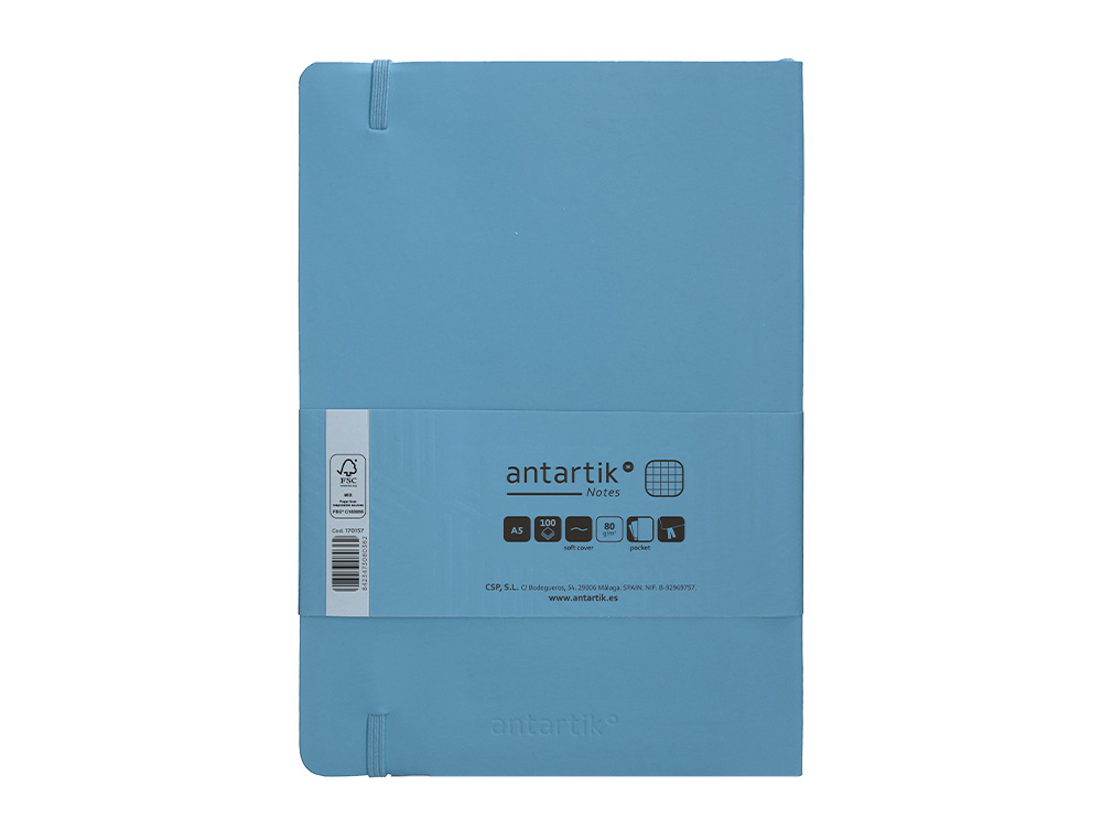 CUADERNO CON GOMILLA ANTARTIK NOTES TAPA BLANDA A5 HOJAS CUADRICULA AZUL CLARO 80 HOJAS 80 GR FSC