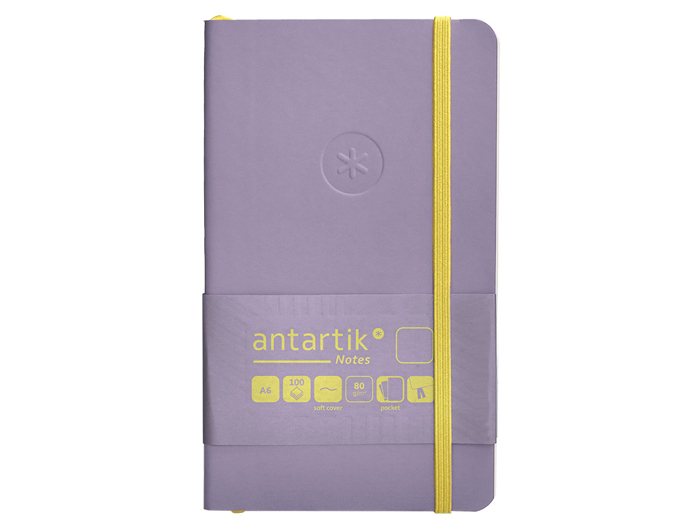 CUADERNO CON GOMILLA ANTARTIK NOTES TAPA BLANDA A6 HOJAS LISAS MORADO Y AMARILLO 100 HOJAS 80 GR FSC