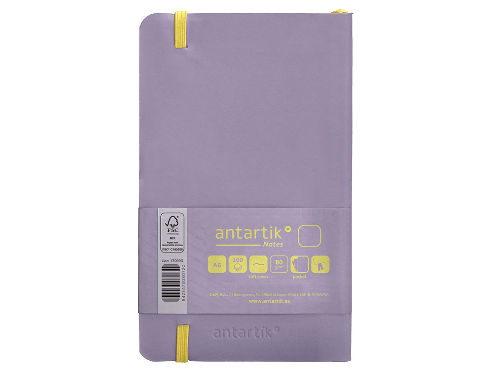CUADERNO CON GOMILLA ANTARTIK NOTES TAPA BLANDA A6 HOJAS LISAS MORADO Y AMARILLO 100 HOJAS 80 GR FSC