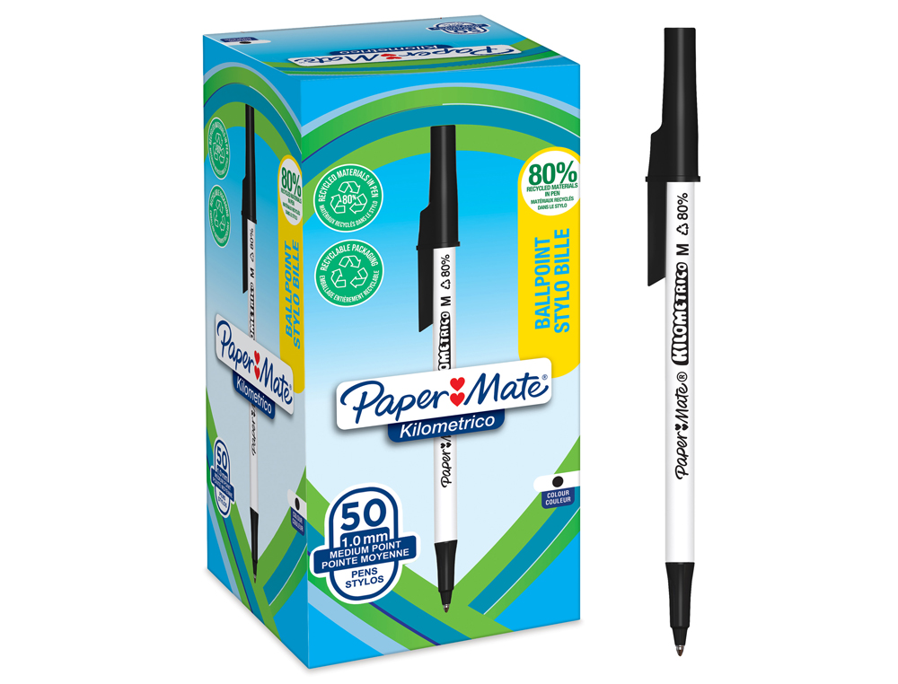 BOLIGRAFO PAPER MATE KILOMETRICO PUNTA 1 MM PLASTICO RECICLADO 80% COLOR NEGRO