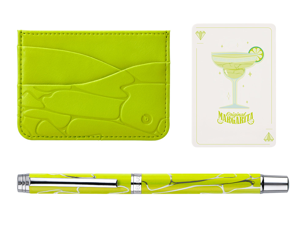 BOLIGRAFO Y WALLET BELIUS COCKTAILS MARGARITA ALUMINIO VERDE LIMA PLATEADO RELIEVE TINTA COLOR AZUL CAJA DE