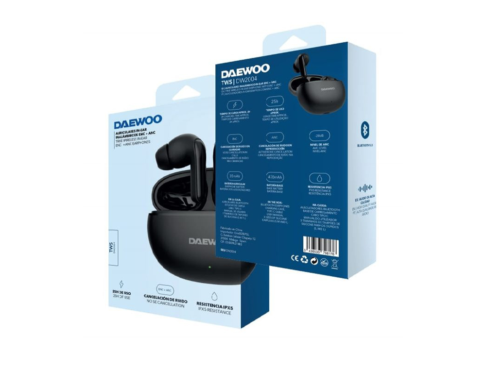 AURICULAR DAEWOO TWS IN-EAR BLUETOOTH 5.3 CON ESTUCHE DE CARGA USB TIPO-C AUTONOMIA 6 HORAS COLOR NEGRO
