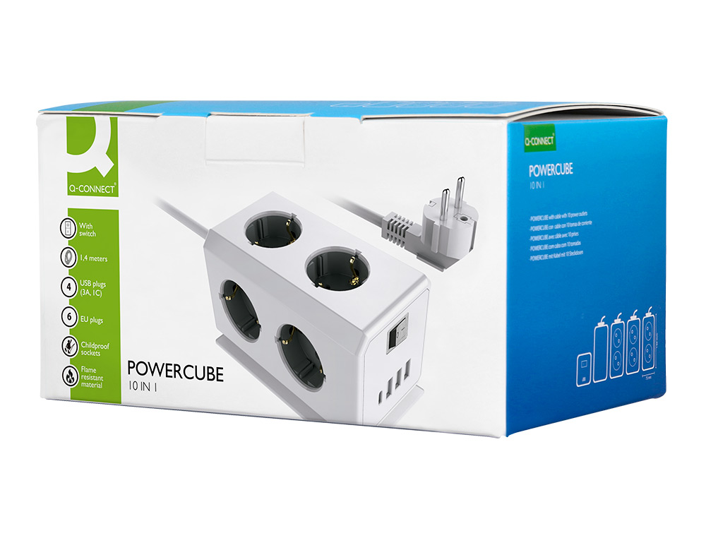 REGLETA Q-CONNECT ENCHUFE MULTIPLE 10 EN 1 CABLE 1,4 MT 6 TOMAS DE CORRIENTE+3 USB+1 USB TIPO C 140X76X87MM