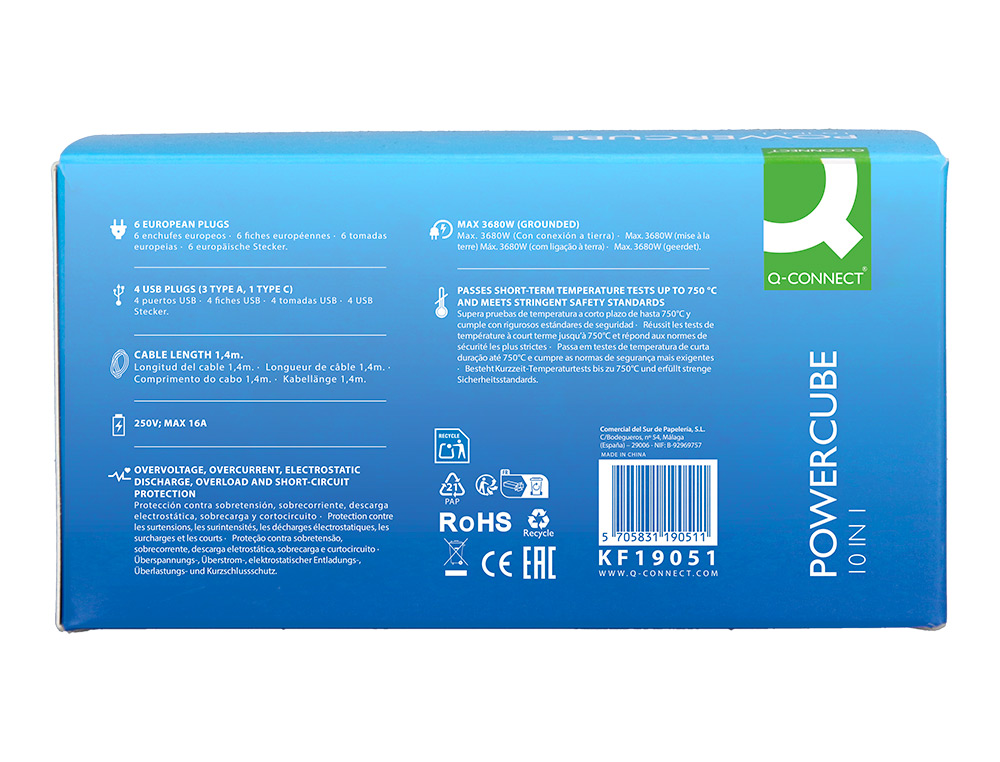 REGLETA Q-CONNECT ENCHUFE MULTIPLE 10 EN 1 CABLE 1,4 MT 6 TOMAS DE CORRIENTE+3 USB+1 USB TIPO C 140X76X87MM