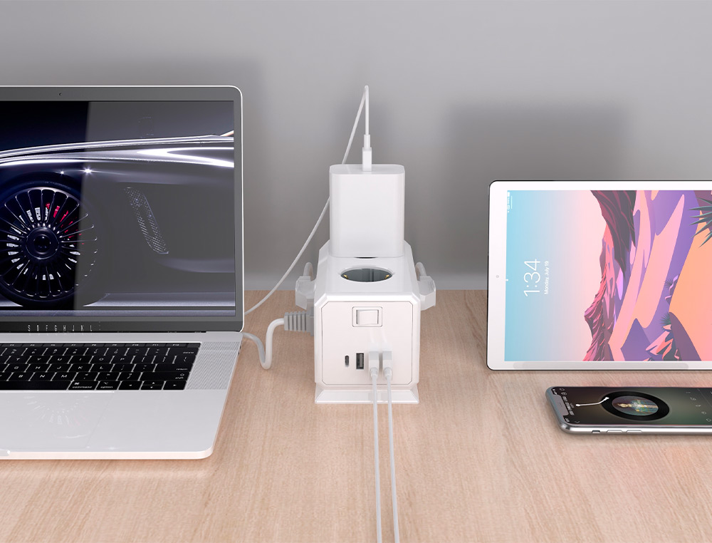 REGLETA Q-CONNECT ENCHUFE MULTIPLE 10 EN 1 CABLE 1,4 MT 6 TOMAS DE CORRIENTE+3 USB+1 USB TIPO C 140X76X87MM