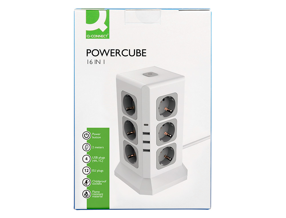 REGLETA Q-CONNECT ENCHUFE MULTIPLE 16 EN 1 CABLE 2 MT 12 TOMAS DE CORRIENTE+3 USB+1 USB TIPO C 120X120X210MM