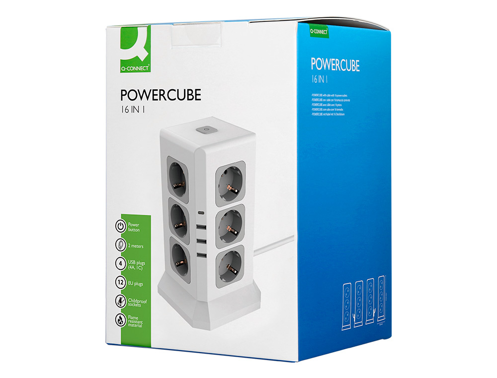 REGLETA Q-CONNECT ENCHUFE MULTIPLE 16 EN 1 CABLE 2 MT 12 TOMAS DE CORRIENTE+3 USB+1 USB TIPO C 120X120X210MM