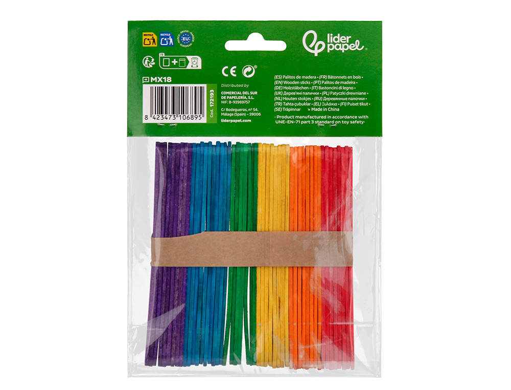 PALITOS DE MADERA LIDERPAPEL COLORES SURTIDOS 11,4X1 CM BOLSA CON 50 UNIDADES