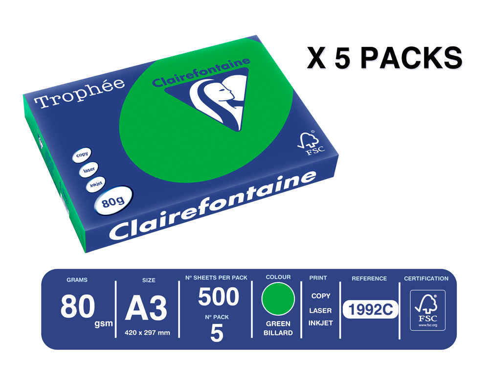 PAPEL COLOR TROPHEE A3 80GR VERDE INTENSO PAQUETE DE 500 HOJAS