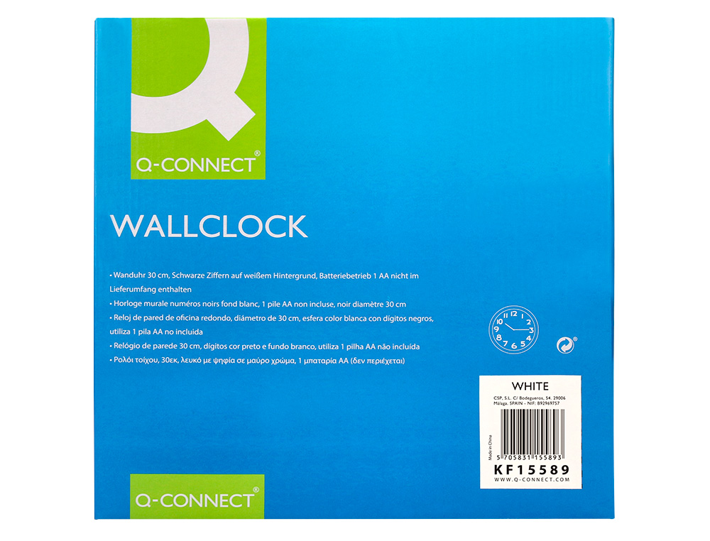 RELOJ Q-CONNECT DE PARED PLASTICO OFICINA REDONDO 30 CM MARCO BLANCO