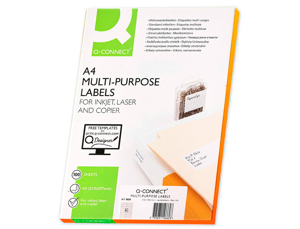 ETIQUETA ADHESIVA Q-CONNECT KF10651 TAMAÑO 96,5X33,9 MM FOTOCOPIADORA LASER INK-JET CAJA CON 100 HOJAS DIN A4