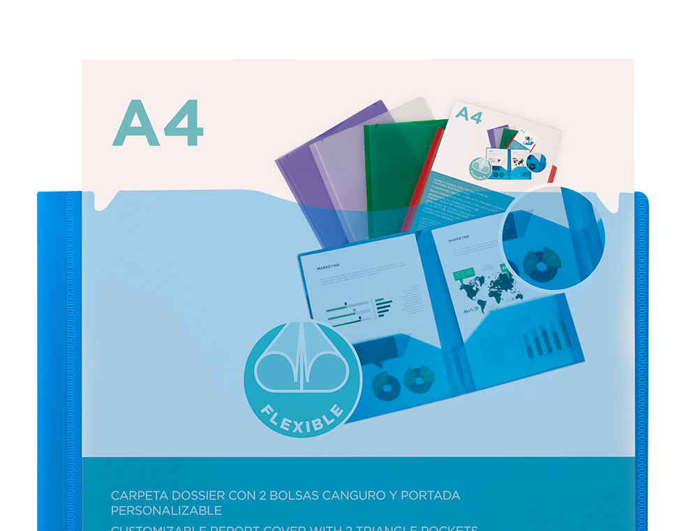 CARPETA LIDERPAPEL DOSSIER DOS BOLSAS CANGURO 45682 POLIPROPILENO DIN A4 AZUL