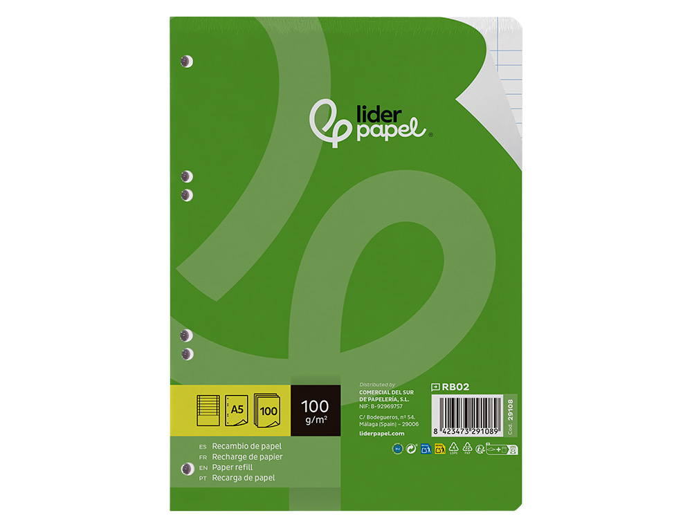 RECAMBIO LIDERPAPEL A5 100 H 100GR HORIZONTAL DOBLE MARGEN 6 TALADROS