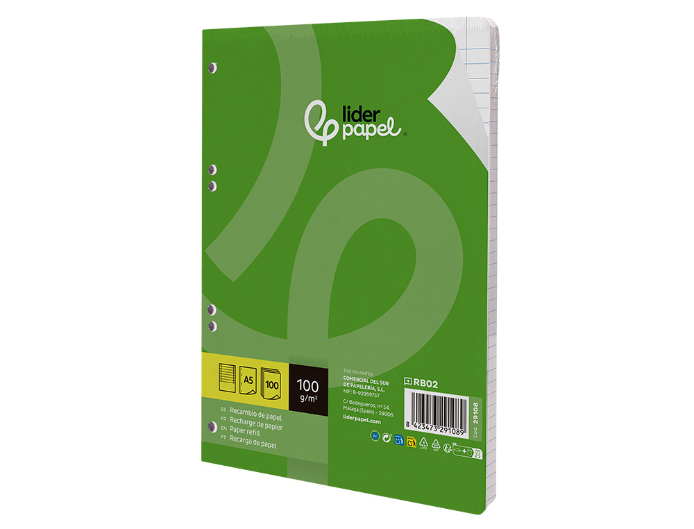 RECAMBIO LIDERPAPEL A5 100 H 100GR HORIZONTAL DOBLE MARGEN 6 TALADROS