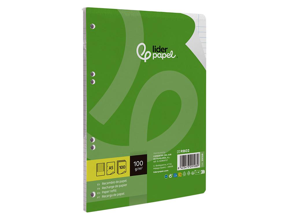 RECAMBIO LIDERPAPEL A5 100 H 100GR HORIZONTAL DOBLE MARGEN 6 TALADROS